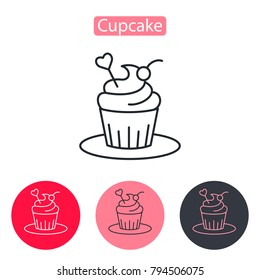 Cupcake decorated with heart and cherry icon. Muffin with heart image. Linear style pictogram isolated on white. Love symbol, logo sign. Valentine's Day vector illustration. Editable stroke.