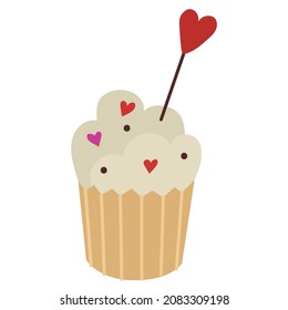 Cupcake decorated with heart shape confiture. Happy Valentines Day. All lovers Day decoration element.  Delicious food, sweets. Flat style in vector illustration. Isolated element on white background.
