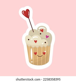 Cupcake decorated with heart shape confiture. Happy Valentines Day. Decoration element.  Delicious food, sweets. Flat style in vector illustration. Cute character with a smile and heart-shaped eyes.