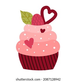 Cupcake decorated with hearts, raspberry, mint leaf and decorative sprinkles. Baking for Valentine's day, birthday, wedding, anniversary. Flat cartoon vector illustration isolated on white background