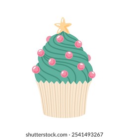 Cupcake wie ein Weihnachtsbaum geschmückt. Süße Urlaub dekoriert cremig Dessert. Lebensmittel, flache Vektorgrafik einzeln auf weißem Hintergrund