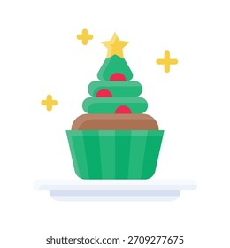 Cupcake decorado como la Ilustración vectorial del árbol de navidad, icono de estilo plano