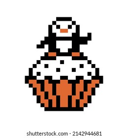 Cupcake decorated with penguin figure, cute pixel art dessert icon isolated on white background. Nostalgic old school retro vintage 80s, 90s 8 bit slot machine, computer, video game graphics.