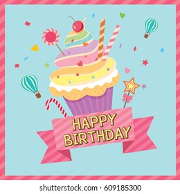 Cupcake decorated with rainbow design for happy birthday card party.Illustration vector.Pink border and blue background colors.