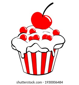 a Cupcake decorated with round Berries and a Cherry. Linear Vector black drawing and red fills