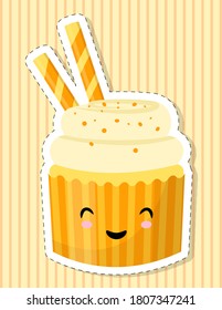 Cupcake decorated with sugar tubes. Cake with a cute face in the style of kawaii. Sticker. Vector illustration.