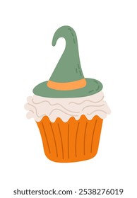 Cupcake decorated with a swirl of frosting topped with a green witch hat, creating a fun and festive Halloween treat. Vector hand drawn illustration isolated on white background