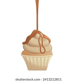 Cupcake decorated with whipped cream. Vanilla cake with dripping caramel. Bakery, sweet food, dessert, pastry concept. Vector illustration for poster, banner, cover, card, postcard, menu.