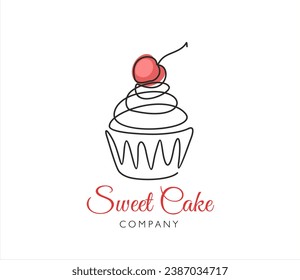 Pastel con decoración y elementos de dibujo de línea continua de cerezo aislados en fondo blanco para logotipo o elemento decorativo. Ilustración vectorial de la forma de postre dulce en el estilo de diseño de contorno.