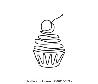 Cupcake with decoration and cherry continuous line drawing element isolated on white background for logo or decorative element. Vector illustration of sweet dessert form in trendy outline style.