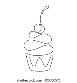 Cupcake with decoration and cherry continuous line drawing element isolated on white background for logo or decorative element. Vector illustration of sweet dessert form in trendy outline style.