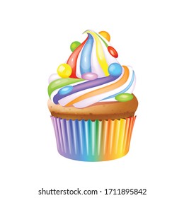 Cupcake, delicious creamy muffin realistic vector illustration. Birthday dessert, confectionery, sweet stuff. Homemade pastry with frosting flavors decoration 3d isolated object on white background