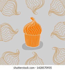 Cupcake desert in the center surrounded by cupcakes along the contour on a grey-blue background. Hand drawn vector illustration. Poster or postcard design.