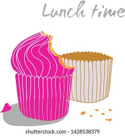 Cupcake desert and empty paper cup on a white background and text saying - Lunch time. Hand drawn vector flat illustration. Poster, postcard or background design.