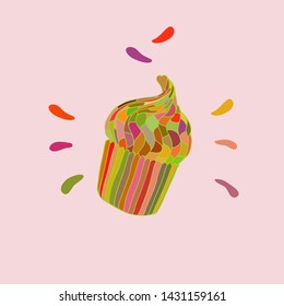 Cupcake desert on a pik background with decoration. Handdrawn vector flat illustration. Poster, postcard, dessert menu or background design.