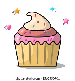 Cupcake design for any purposes. Isolated on white background. Yummy sweet food. Kids Birthday cake. Tasty bakery. Happy birthday party. Unhealthy tasty food. Colorful vector illustration.