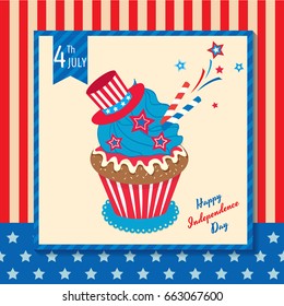 Cupcake design for Happy Independence day United states of America, 4th July on usa flag background.