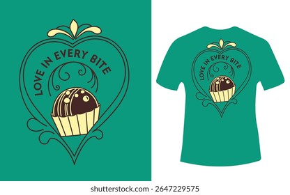 Um design de cupcake com a frase "Love in Every Bite" é exibido em um fundo verde e uma maquete de camiseta.