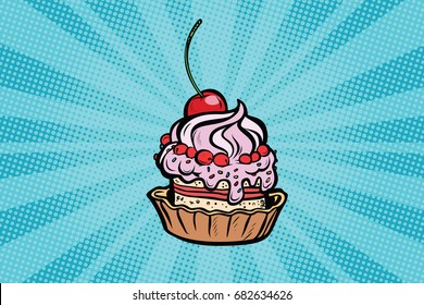 cupcake dessert with cherries and cream. Pop art retro comic book vector illustration