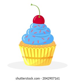 Cupcake dessert with cherry. Vector illustration in flat style.