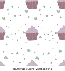 Cupcake Dessert. Cute seamless pattern for kids. Hand drawn cartoon background design concept used for printing, gift wrapping, baby clothing, textile, vector illustration