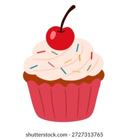 Postre de la magdalena en la ilustración plana para el tema dulce de la panadería. Adecuado para diseños de cumpleaños, marca de panadería, pegatinas y gráficos de fiesta.