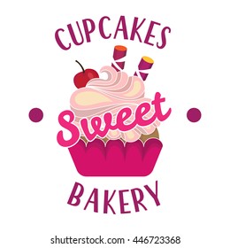 Cupcake dessert logo. Muffin with cherry, bakery food shop vector illustration.