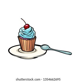 cupcake with a dessert spoon. Comic cartoon pop art vector retro vintage drawing