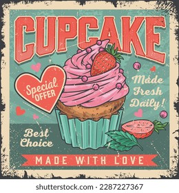Cupcake dessert vintage flyer colorful with creamy fruit cream and fresh berries for children festive party vector illustration