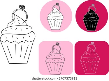 Cupcake with diamond ring Logotype Valentine's Day. Vector graphic line black and white illustration. Banner, poster, wrapping paper, sticker, print, modern textile design.
