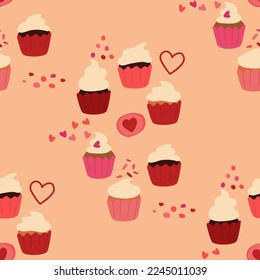 Cupcake of different colors. Whipped cream, ganache and chocolate. Background with dots and hearts. A hand-drawn contour illustration. Vector seamless pattern with baking.