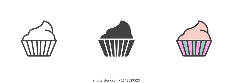 Cupcake different style icon set. Line, glyph and filled outline colorful version, outline and filled vector sign. Symbol, logo illustration. Vector graphics