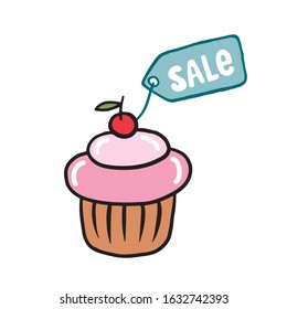 Cupcake Discount Label. Vector color illustration in cartoon style. Sweets