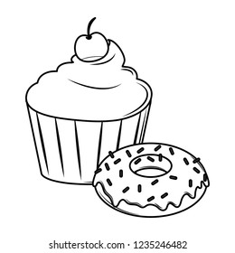 Cupcake and donut black and white
