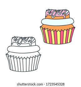 Pastel con donut. Ilustraciones de doodle (en blanco y negro) de un quequito decorado con un donut. Objetos aislados en blanco. Vector 8 EPS.