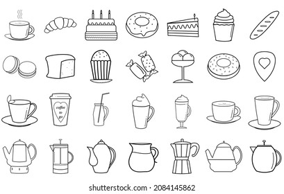 Cupcake, donut, pastries, sweets, coffee, tea, smoothies, dishes, bread, sweets, birthday cake. A set of vector icons for the application. Confectionery products and sweets for bakeries, cafes, web