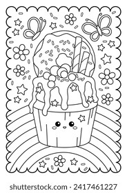 Cupcake with donut, rainbow. Kawaii characters. Sweets, dessert. Cute coloring page for kids and adults, black and white vector illustration.