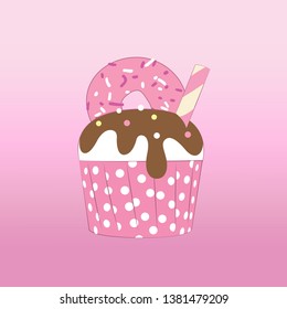 Cupcake with donut topping in pink polkadot cupcake holder