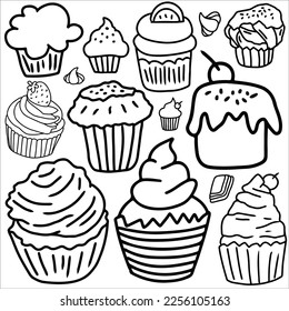 cupcake doodle art set vector illustration. cupcake doodle set. suitable for sticker set, icon, logo, and graphic design element. black and white cupcake doodle set