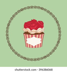 Cupcake and doodle frame. Ideal for posters, advertisements, announcements, labels, banner, menu for cafe and restaurants. Vector illustration