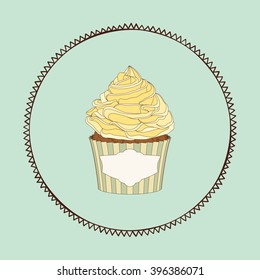 Cupcake and doodle frame. Ideal for posters, advertisements, announcements, labels, banner, menu for cafe and restaurants. Vector illustration