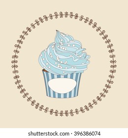 Cupcake and doodle frame. Ideal for posters, advertisements, announcements, labels, banner, menu for cafe and restaurants. Vector illustration