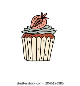 Cupcake doodle handdrawn vector illustration in boho colors. Isolated vector design for web and print. 