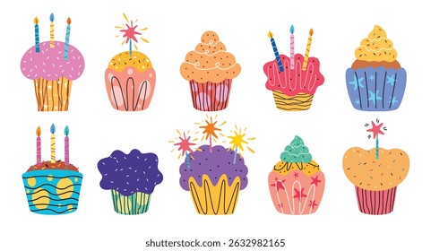 Cupcake doodle icon clipart set. Birthday colorful cake with icing and candle toppings clip art collection drawing line art symbol yummy dessert elements vector illustration. 
