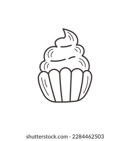 Icono de doodle de pastel. Sencillo postre de contorno negro dibujado a mano. Ilustración vectorial aislada para confitería, tienda de dulces, símbolo de panadería