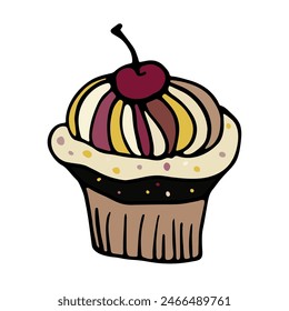 A cupcake doodle illustration in color, a hand-drawn cupcake icon, a muffin with a cherry on top