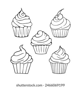 Cupcake Doodle Line Art Design. Cupcake Cartoon Illustration In Black Color