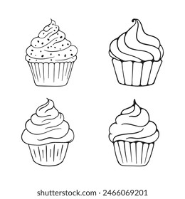 Cupcake Doodle Line Art Design. Cupcake Cartoon Illustration In Black Color