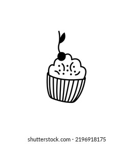 Cupcake doodle linear. Cute muffin with cherry. Tea party element on a white background. Hand drawn vector illustration.