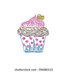 Cupcake in doodle style, sketch, vector